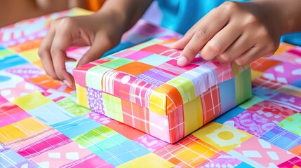 Fototapeta premium Colorful Gift Wrapping with Hands Placing Ribbon on a Present