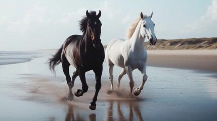 Black and White Horses Galloping Along a Sunny Beach Shoreline