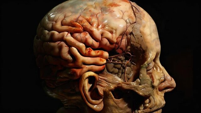 Encephalocele: The Brain Tissue Protrusion and Craniofacial Deformity - Picture a person with a highlighted protrusion of brain tissue through the skull, leading to craniofacial deformities
