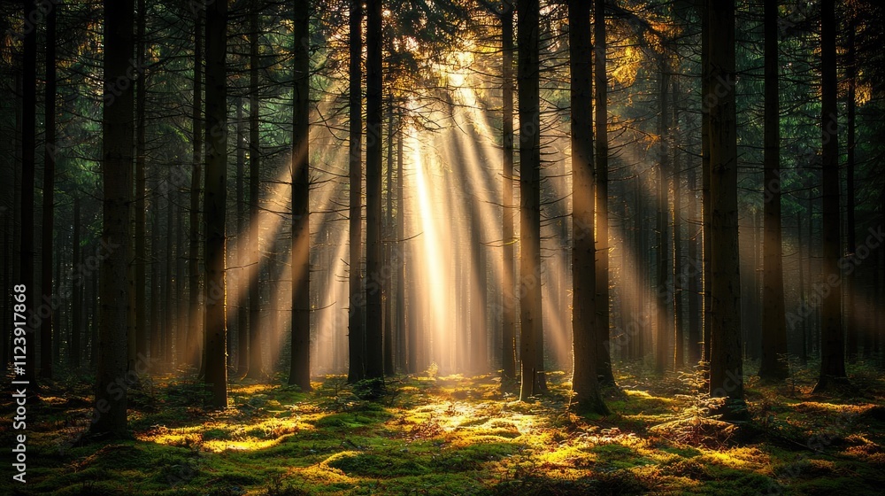 Poster sunlight filtering through trees in a serene forest, creating a peaceful atmosphere.