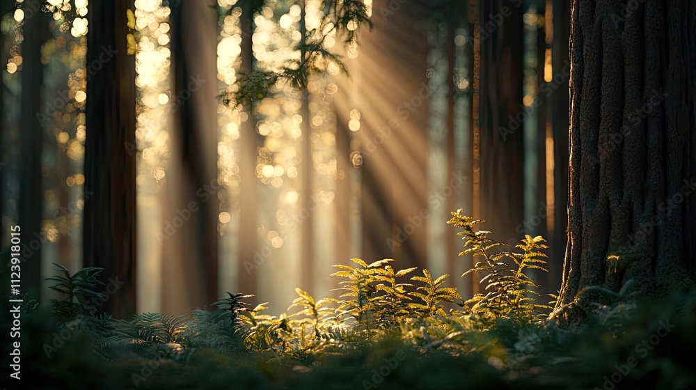 Aufkleber sunlight filters through trees, illuminating delicate ferns in a tranquil forest setting.