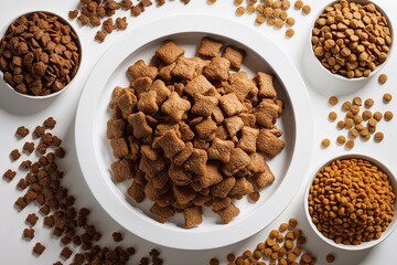 Savory Dry Dog Biscuits and Appetizing Dry Cat Food Showcased on a Bright White Background from Above