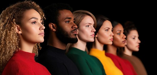 Fototapeta premium Diverse group of people standing in profile with various expressions and vibrant clothing.