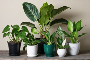 Obraz premium Lush Tropical Plant Collection Featuring Philodendron Rubber Tree Palm Pothos and Peace Lily