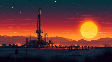Fototapeta premium Vibrant Sunset Over Oil Rig with Silhouetted Workers and Mountains