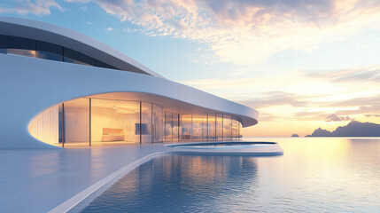 Fototapeta premium White minimalist design villa with a pool on the sea, curved shape, open roof terrace overlooking the ocean