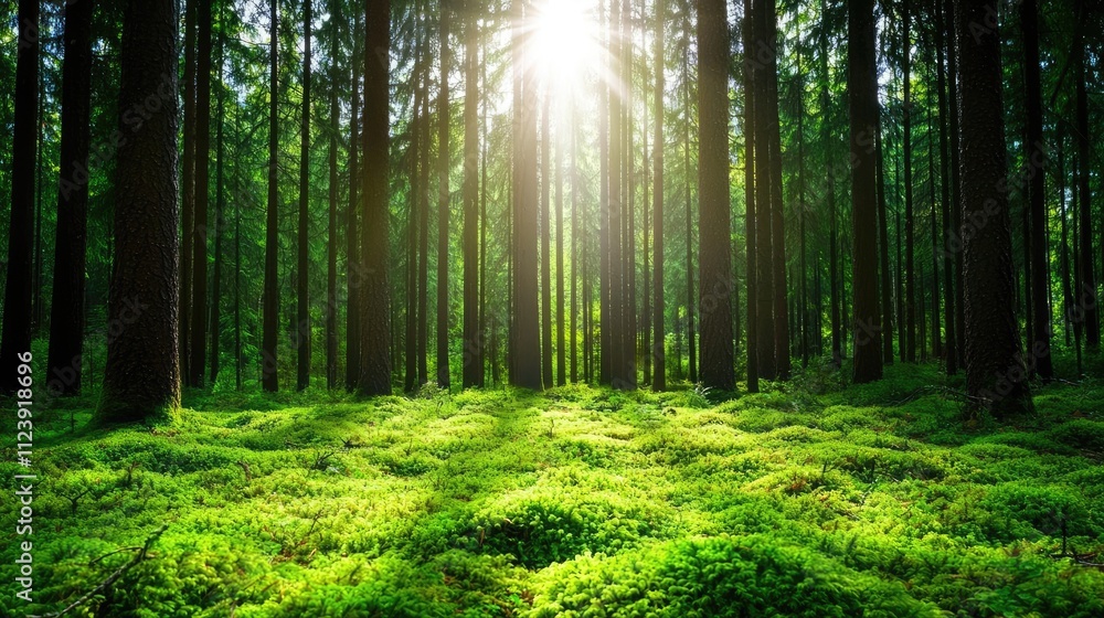 Poster sunlight filtering through dense trees in a lush green forest landscape.