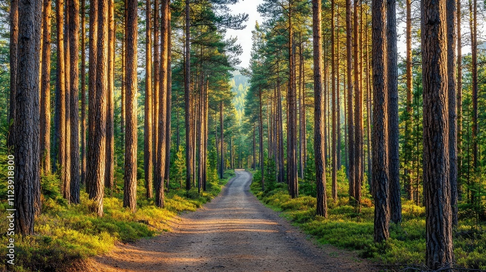 Poster a serene forest path surrounded by tall trees and soft sunlight filtering through leaves.