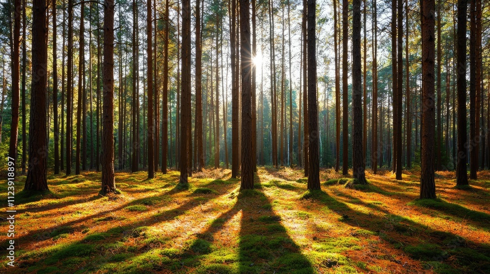 Poster sunlight filtering through tall trees in a tranquil forest, creating serene shadows.