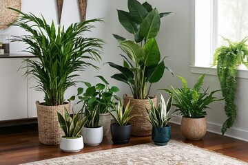 Fototapeta premium Exotic Indoor Plant Display Featuring Palm Ficus Snake Plant Pothos and Fern Collection