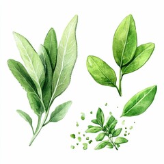 Obraz premium Elegant watercolor showcasing the beautiful details and harmonious green tones of sage and thyme leaves This natural botanical artwork creates a peaceful culinary inspired atmosphere
