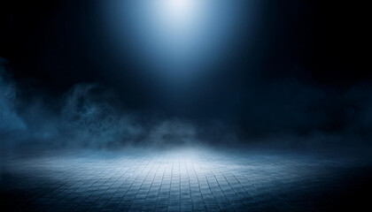 Obraz premium Mysterious and atmospheric scene with dark empty space. Floor is illuminated by spotlight creating dramatic interplay of light and shadows.