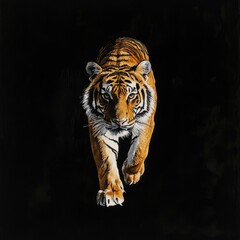 Obraz premium A Tiger Walking Towards the Viewer in a Dark Setting