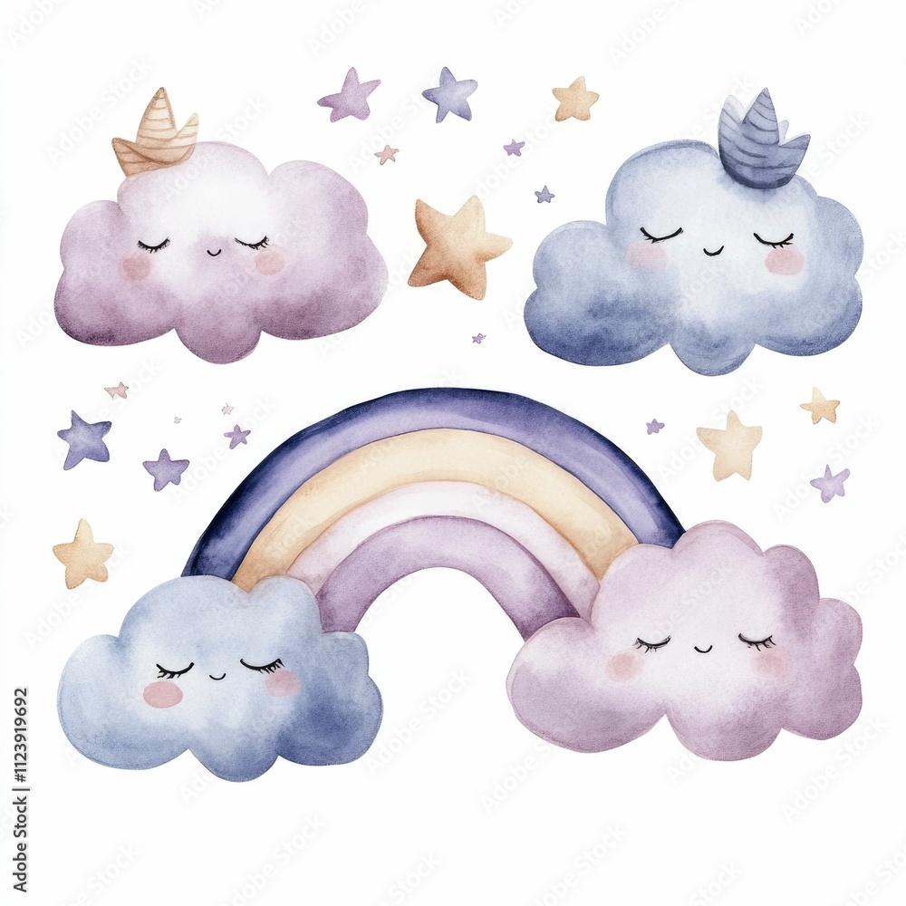 Poster watercolor rainbow with soft pastel arcs surrounded by fluffy clouds and sparkling stars creating a 