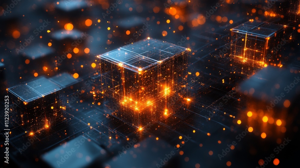 Aufkleber abstract glow of digital blocks with sparkling particles in space