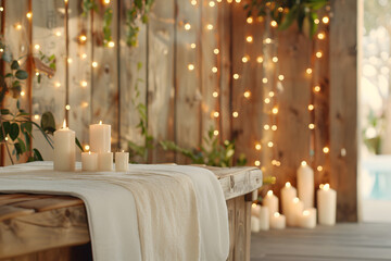 Massage stones with towel and candles on table in spa salon