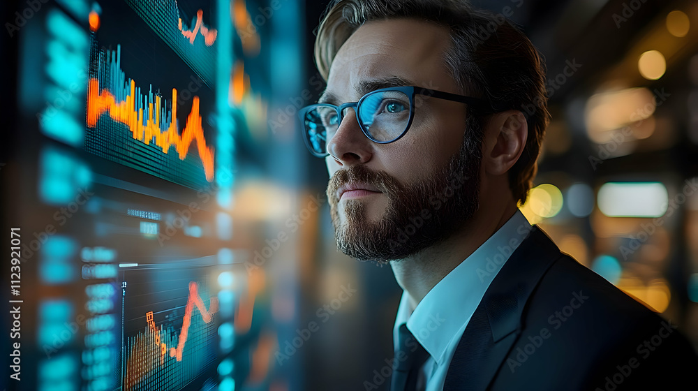 Poster a focused professional analyzing data on a digital screen in a modern office environment.