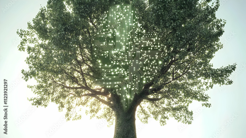 Poster a digitally enhanced tree with glowing elements symbolizing nature and technology.