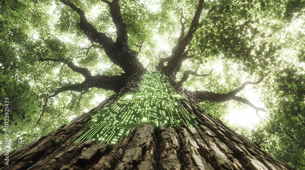 Poster a tree with a digital circuit pattern, symbolizing the fusion of nature and technology.