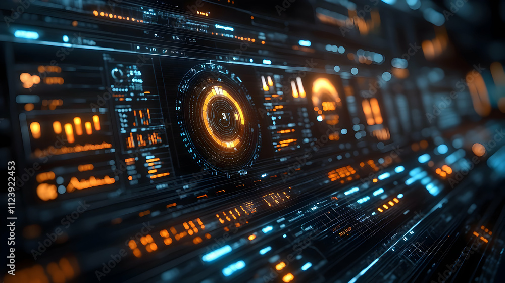 Poster futuristic digital interface with glowing elements and data displays.