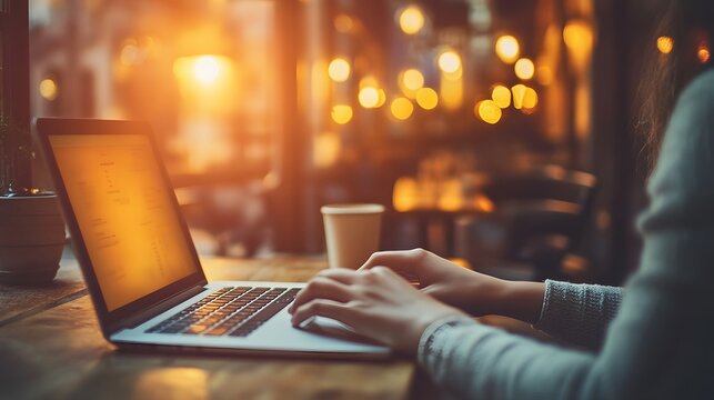 Woman using laptop in a cafe with warm lighting