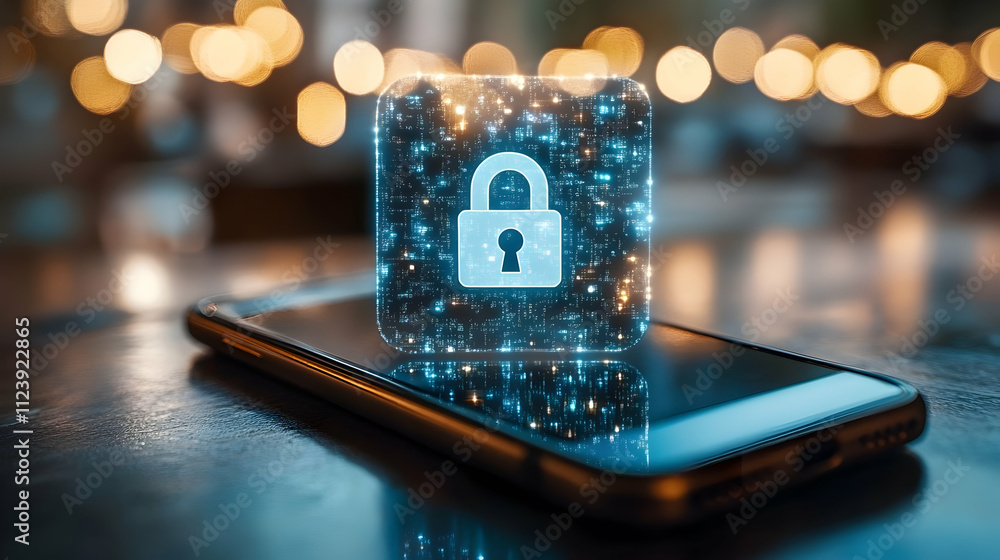 Poster a smartphone displaying a digital padlock symbolizing security and data protection.