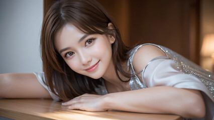 Fototapeta premium シンプルな日常風景に、華やかな銀色のドレスを着た女性モデルが映える。優雅な存在感と背景の静けさが美しい。