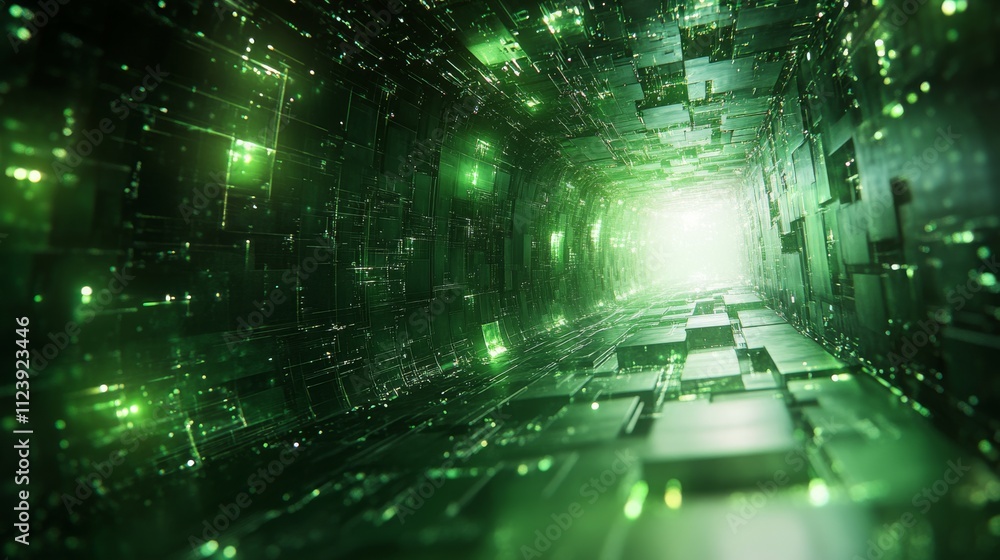 Poster futuristic digital tunnel with green light and abstract patterns