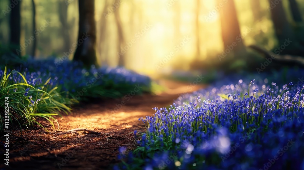 Poster a serene forest path adorned with blooming bluebells and soft sunlight filtering through trees.