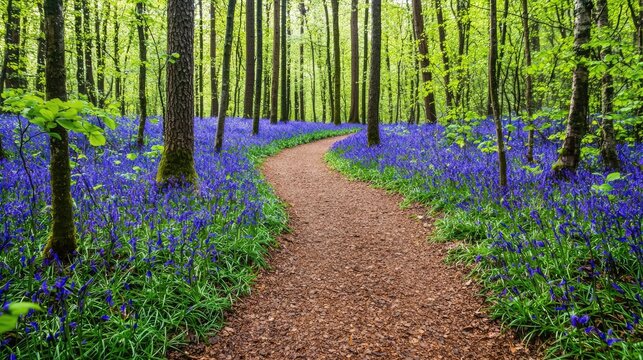 A serene forest path surrounded by vibrant blue flowers and lush green trees.
