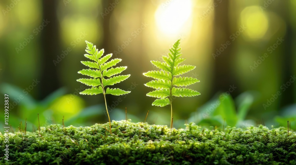Poster close-up of ferns growing in a serene forest setting with soft sunlight filtering through.