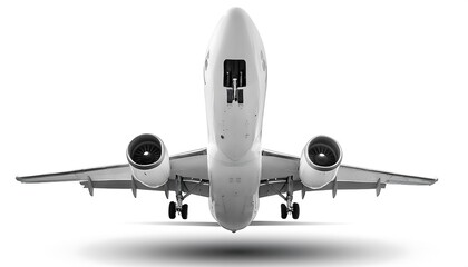 White commercial airplane in dynamic ascent isolated on white travel concept 3D Rendering, plane with path, isolated on a transparent backgroun