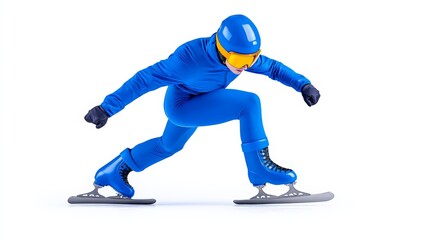 Obraz premium Speed Skating Athlete Ready to Race: A powerful image of a speed skater in blue and yellow gear, ready to launch into a race, showcasing the intensity and focus of professional winter sports. 