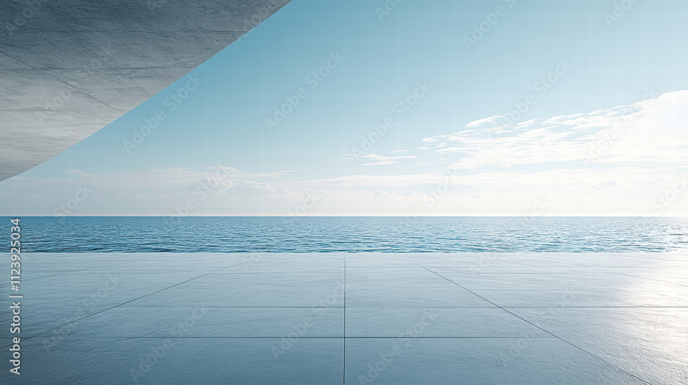 Poster a clean and simple background of an empty concrete floor with the ocean in the distance, with a ligh