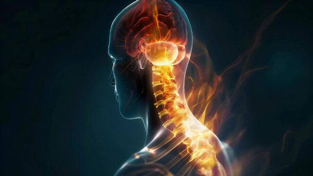 Central Pontine Myelinolysis: The Muscle Weakness and Paralysis - Picture a person with a highlighted area in the brainstem showing demyelination, experiencing muscle weakness and paralysis