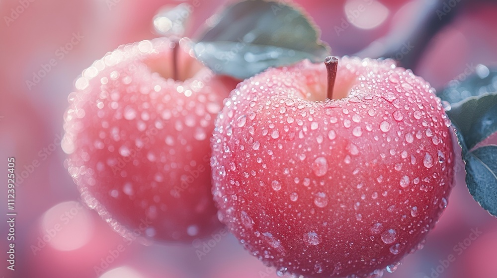 Poster close-up of fresh dewy apples with bokeh in soft pink background