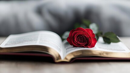A red rose resting on an open book, symbolizing love, knowledge, and beauty.