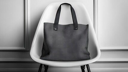 Dark Grey Leather Tote Bag On White Chair