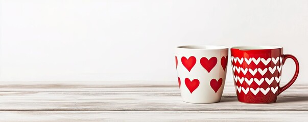 Obraz premium Two decorative mugs with hearts on a wooden table against a simple backdrop.