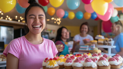 Cheerful woman holding cupcakes at vibrant charity bake sale event