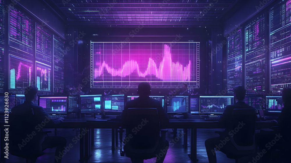 Poster a futuristic control room with monitors displaying data and graphs in a high-tech environment.