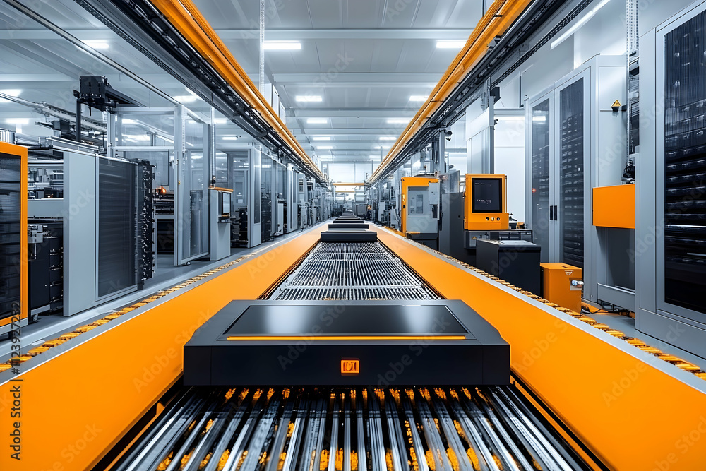 Poster a modern automated warehouse with conveyor belts and storage systems for efficient logistics.