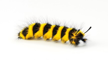A yellow and black striped caterpillar is crawling on a white background