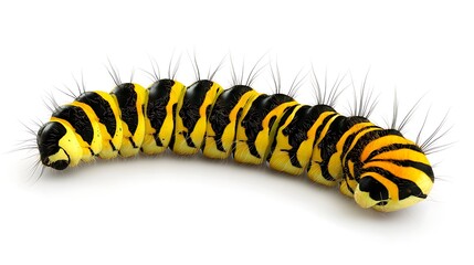 A long, striped caterpillar with black and yellow stripes