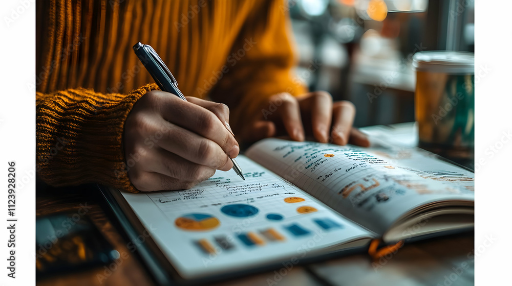 Poster a person writing notes in a notebook filled with charts and graphs, surrounded by a coffee cup.