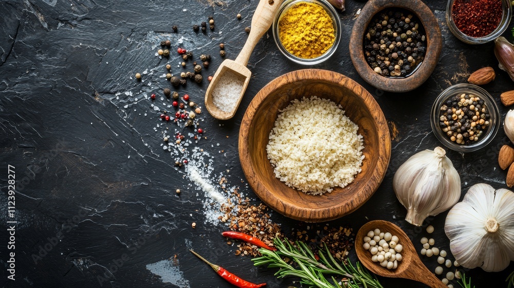 Poster spices and grains arranged on a dark rustic background