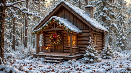 Cozy wooden cabin decorated for Christmas in a snowy forest