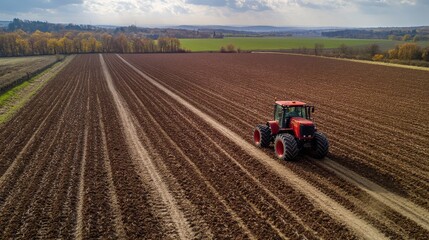 Obraz premium Red Tractor Cultivating Brown Soil in Vast Green Landscape