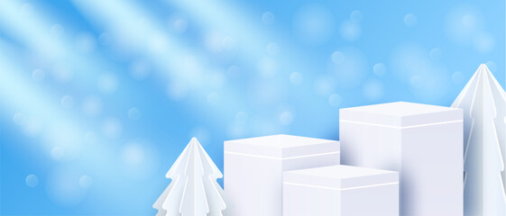 Winter season product display. Design with podium and white snowflakes on blue background. vector.