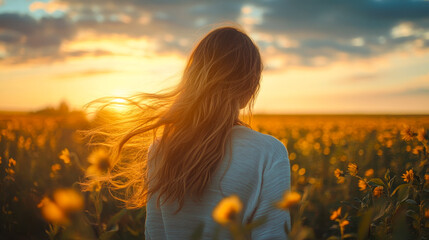 Obraz premium Tranquil Sunset Moment of Woman in Field, Long Flowing Hair and Peaceful Outdoor Setting